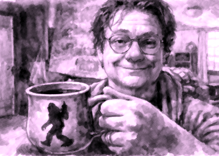An altered photo of the author holding a mug of coffee with bigfoot on it.  The photo is done in a sketch style in greys and pinks.