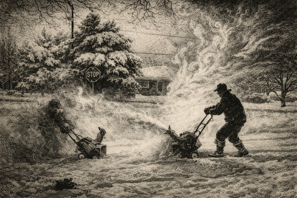 A greyscale digital etching style image of a man discharging his snowblower onto another man.